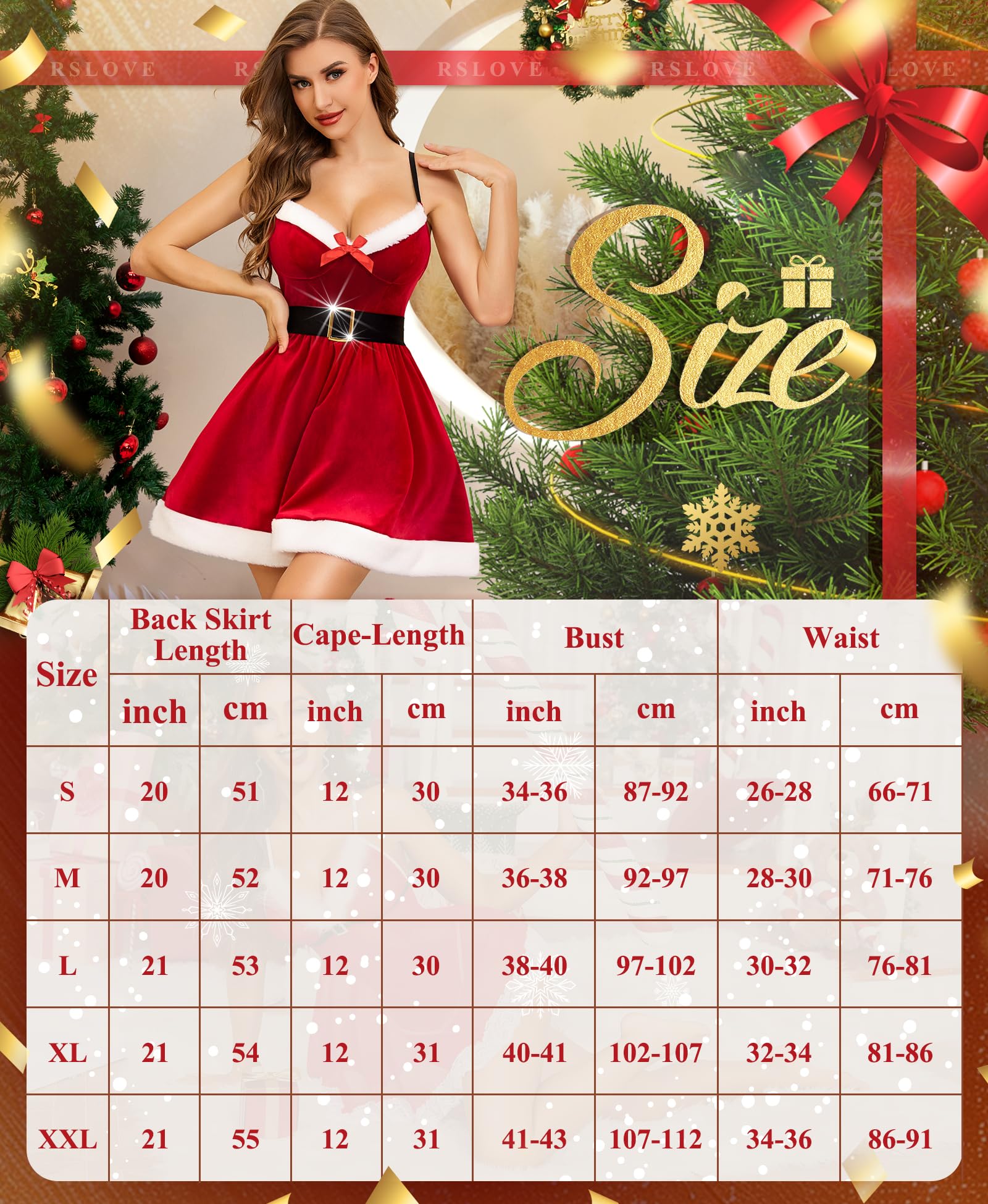RSLOVE Costume Mere Noel Femme - Robe de Noël Tenue de Fete Deguisement Mère avec Cape