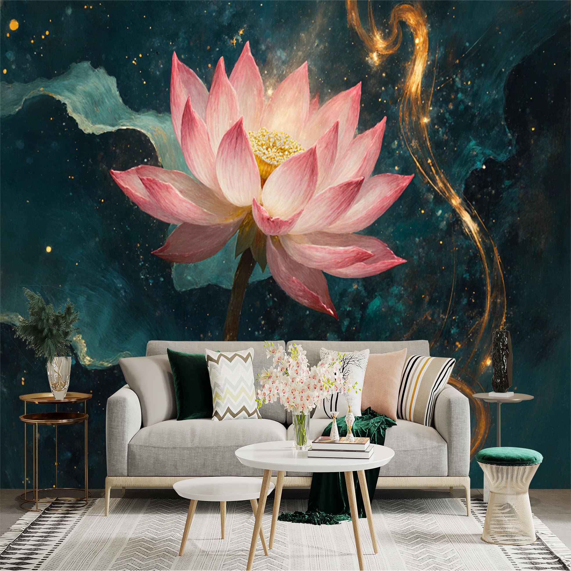 Custom Size Wall Sticker Mural， Pink Lotus Flower in Bloom， Golden Light Abstract Art， Serene Botanical Decor， for wall Decoration， peelandstick wall Decals.