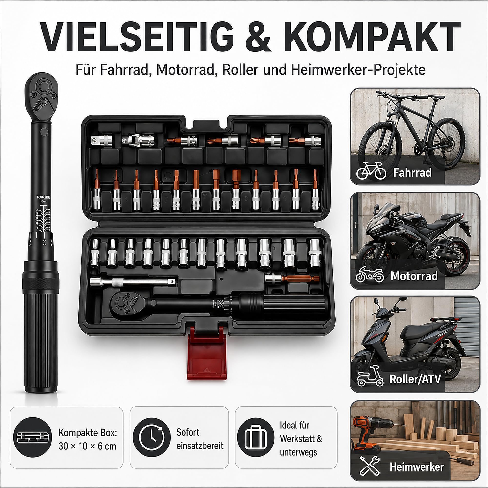 Torque Wrench für Fahrrad & Motorrad 33-tlg, Drehmomentschlüssel Set 1/4" 2-24 Nm, Motorrad/Fahrrad mit 1/4"-3/8" Adapter