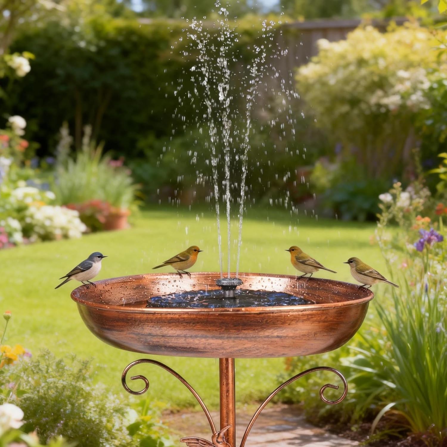 Metal Bird Bath with Solar Fountain for Outdoors, 13" Detachable Bowl & Stable 5-Prong Base Stake, Antique Bronze Birdbath for Garden Yard Patio Decor
