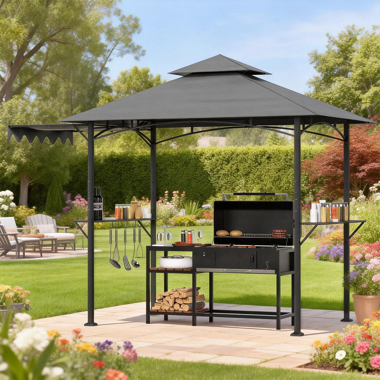 Grillpavillon wetterfest mit Seitenmarkise, Seitenregalen, Haken & Flaschenöffner, sekundenschnell aufbaubar UV-Schutz 50+, Grillunterstand für Garten, Außenbereich, Grau