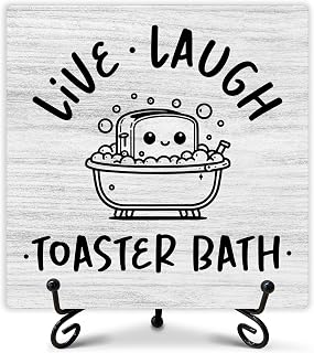 Funny Bathroom Decor, Live Laugh Toaster Bath Wooden Sign, Cute Bathroom Signs, Women Men Restroom Decoration, Shelf Countertop Decor Cubicle Accessories 5 x 5 Inches-091