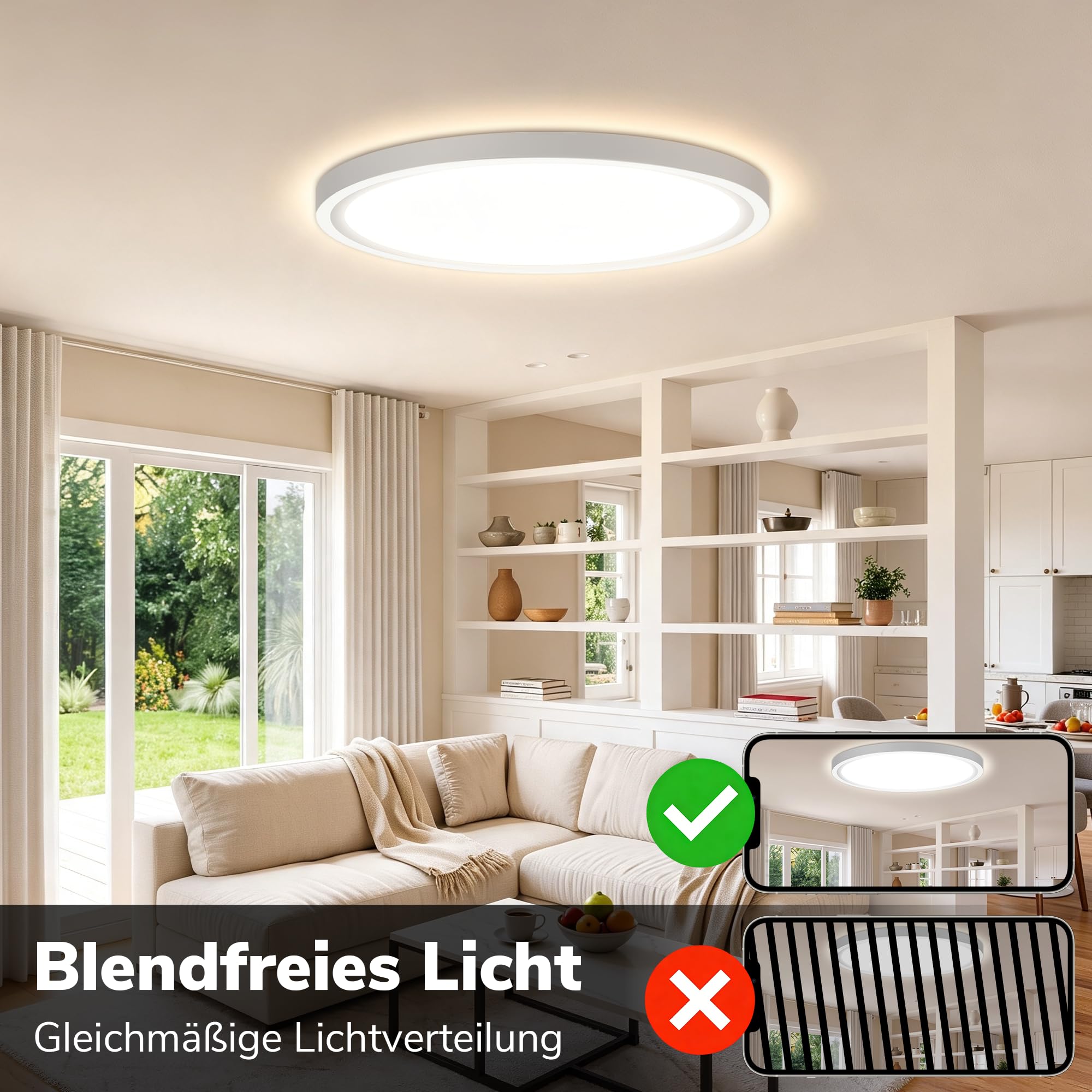 Plafoniera LED, piatta - Ø 500 mm, ultrasottile, 36 W, bianco 2700 K, design moderno, IP44, ideale per bagno, camera da letto, soggiorno, cucina, corridoio e balcone