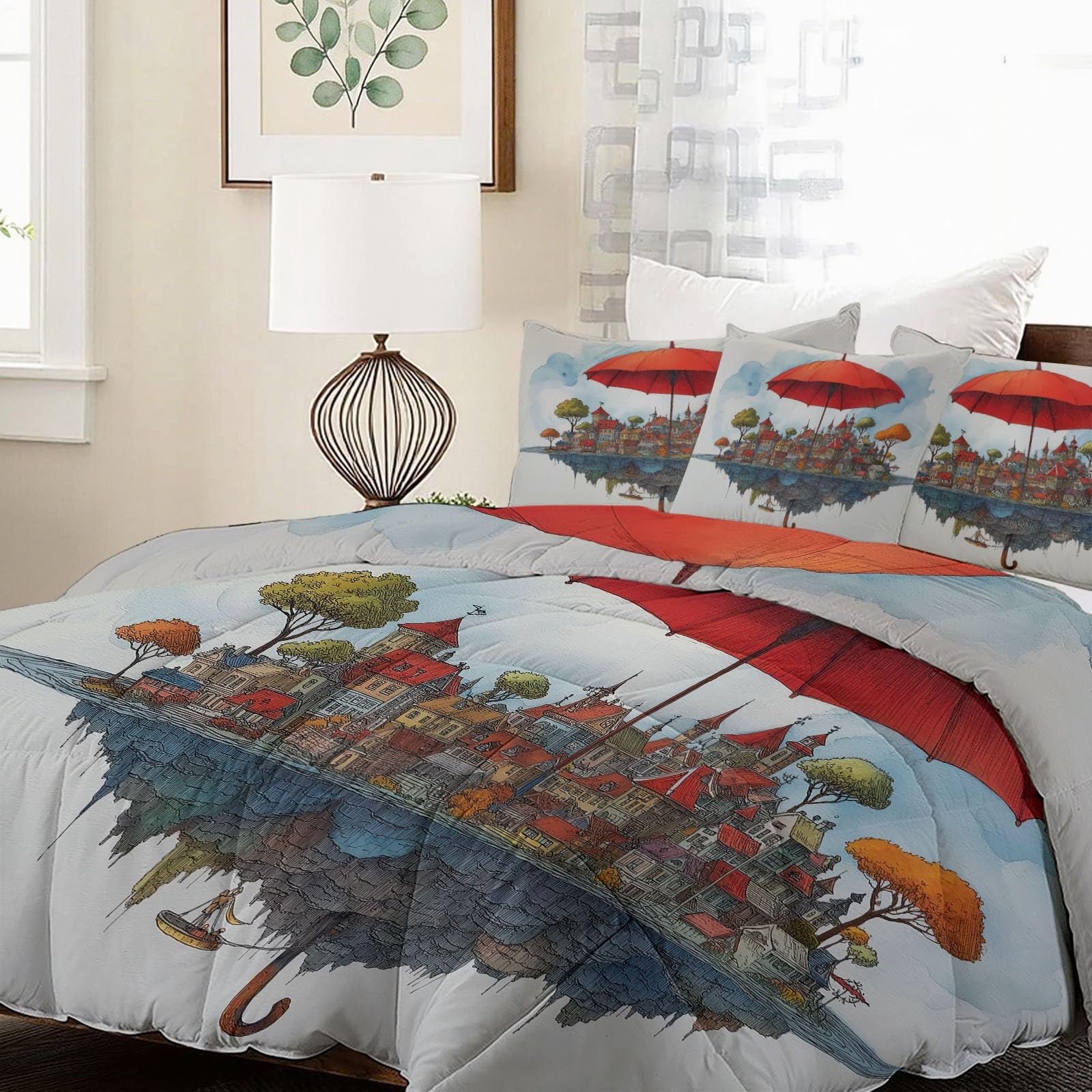Kołdra 240 x 220 cm, na 4 pory roku, Fantasy Anime cztery pory roku, pikowana, wyspa, miasto, parasol, miękka kołdra całoroczna, bez poszewki, dla chłopców, młodzieży, nadaje się do prania