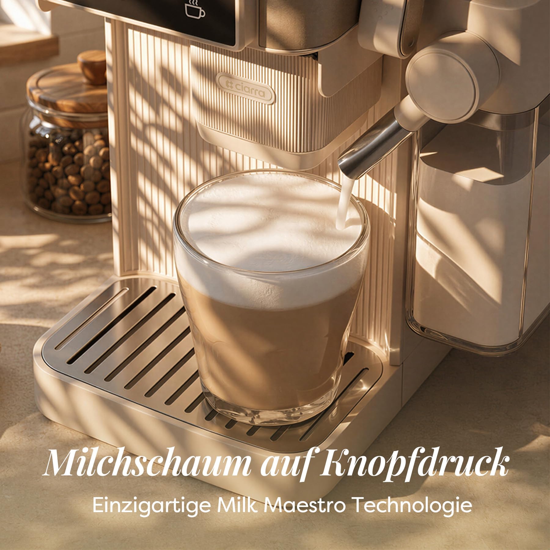CIARRA CBSACM-D6 Kaffeemaschine mit Mahlwerk und Milchaufschäumer 15 Bar | Semi-automatische Espressomaschine mit automatisches Mahlen Tampen & Brühen, für Espresso Cappuccino, Farb-Touchdisplay