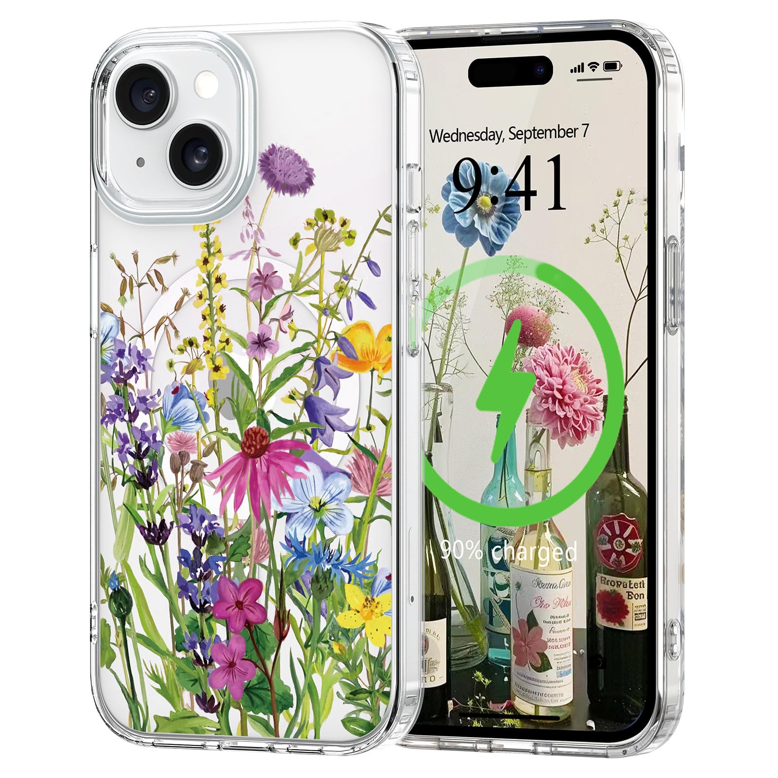 L-FADNUT Magnetisch Handyhülle für iPhone 15 Plus Hülle Kompatibel mit MagSafe, Transparent Blumen Muster Schutzhülle Hart PC Rückseite Dünne Stoßfest Kratzfestes Case für iPhone 15 Plus, Grün
