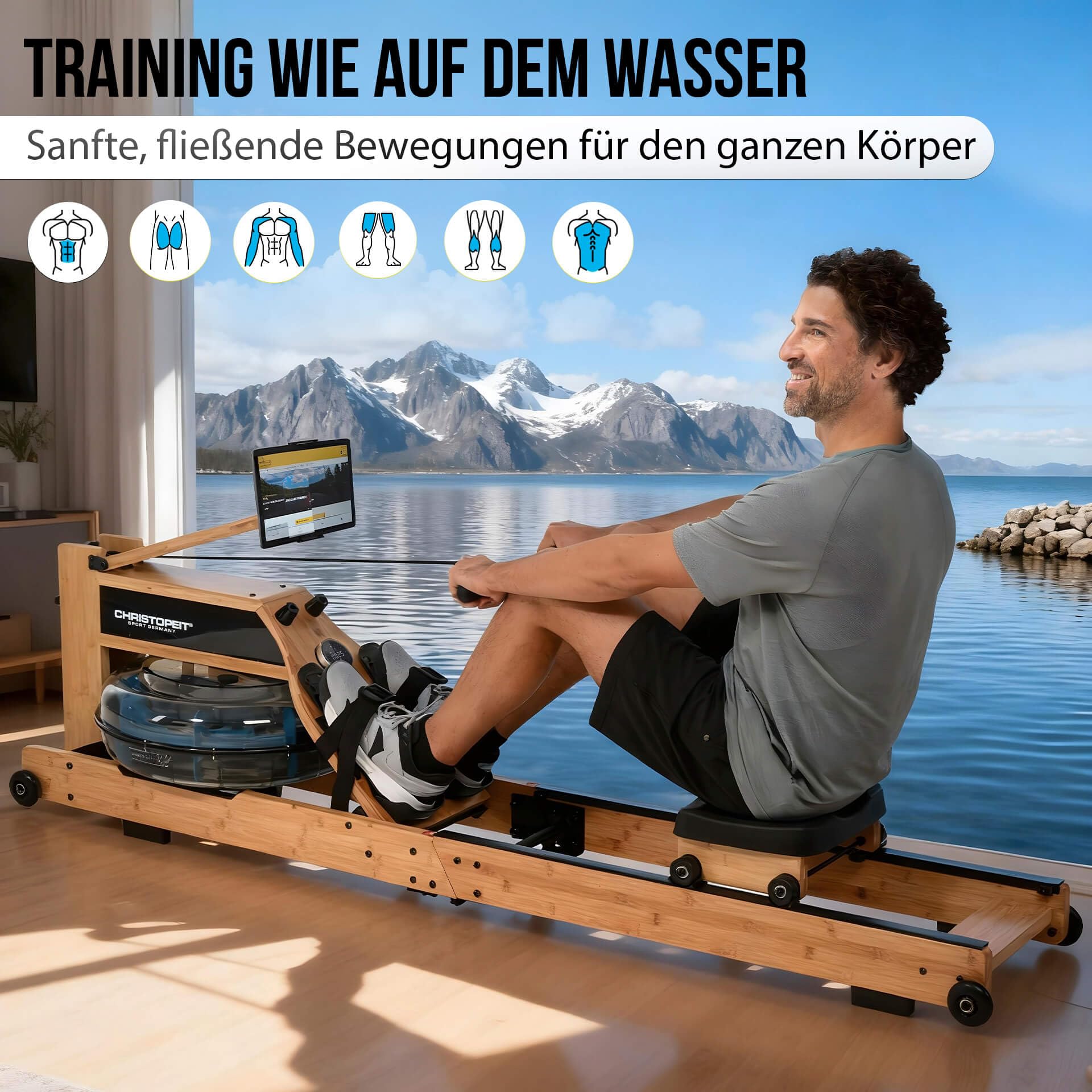 CHRISTOPEIT Rudergerät für Zuhause Wasser klappbar - WP 5000 (Testsieger) oder Colorado - Holz, Hybrid Wasser-Magnet-System, Kinomap, Bluetooth, bis 150 kg, ergonomisch