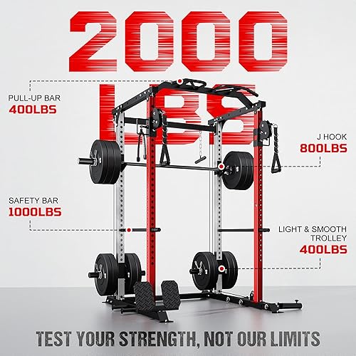 Miniatura 6 de DP01 - Jaula de potencia, estante para sentadillas de 2000 libras con cable cruzado y sistema de polea doble independiente, jaula completa para