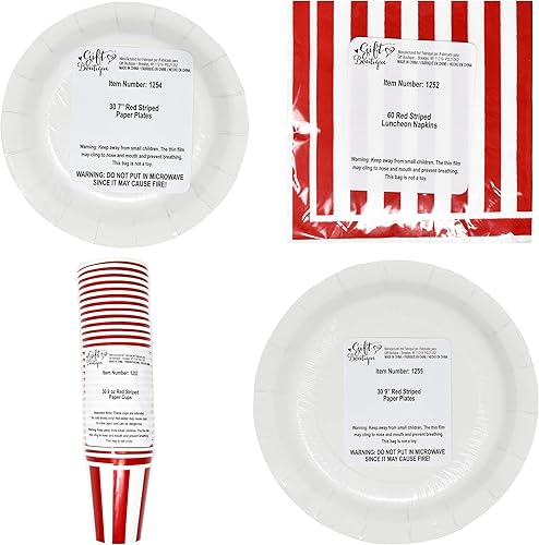 Miniatura 6 de Gift Boutique Juego de 120 piezas de suministros de fiesta a rayas rojas y blancas, platos de papel, servilleta para carnaval, picnic, barbacoa,