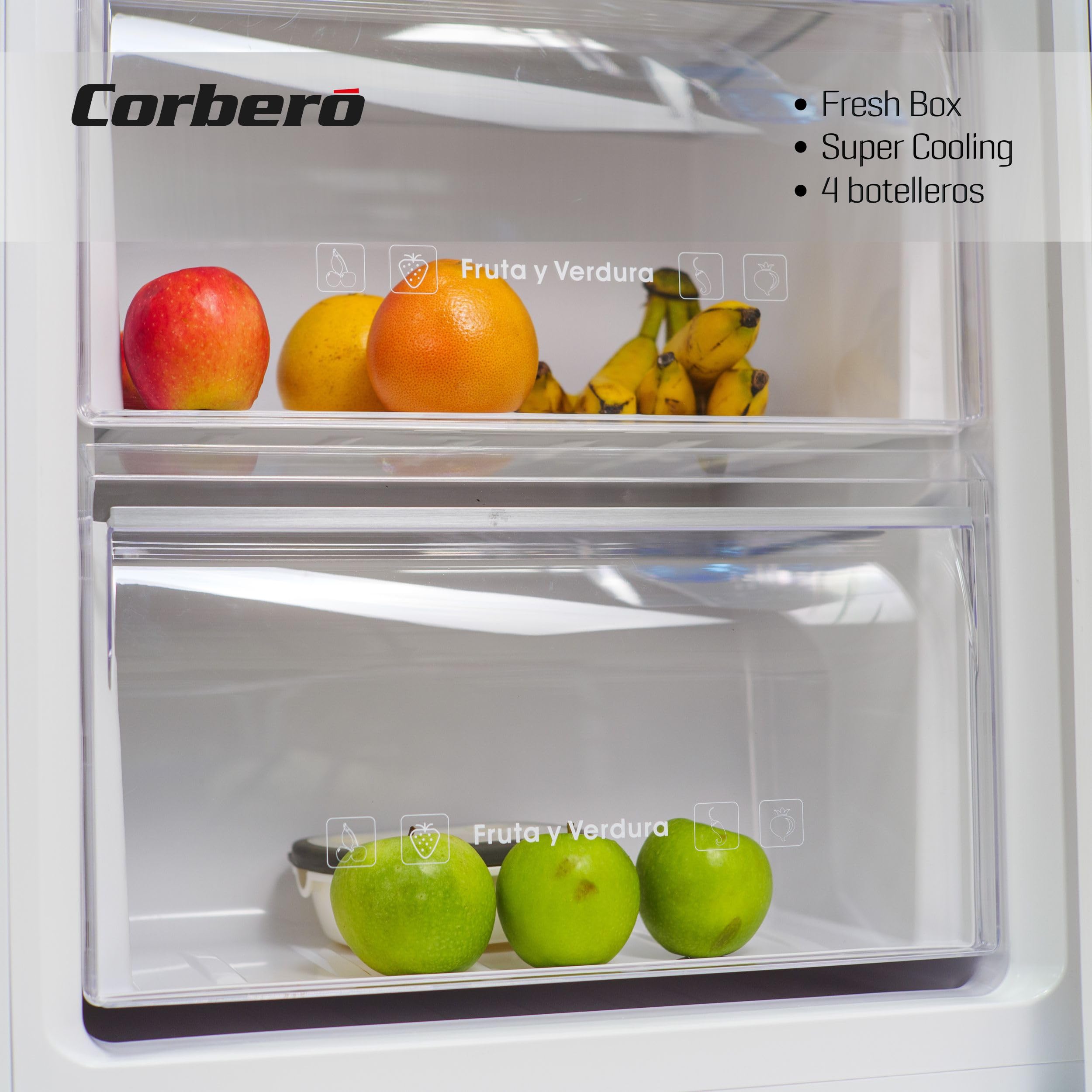 Corberó - Frigorífico 1 Puerta | CCLH18524NFW | 65x59,5x185 | Capacidad 359L | No Frost | Display en Puerta | Luz LED | 2 Crisper XXL | Fresh Box | 4 Botelleros | Tirador Easy Open | 40 Db | Inox