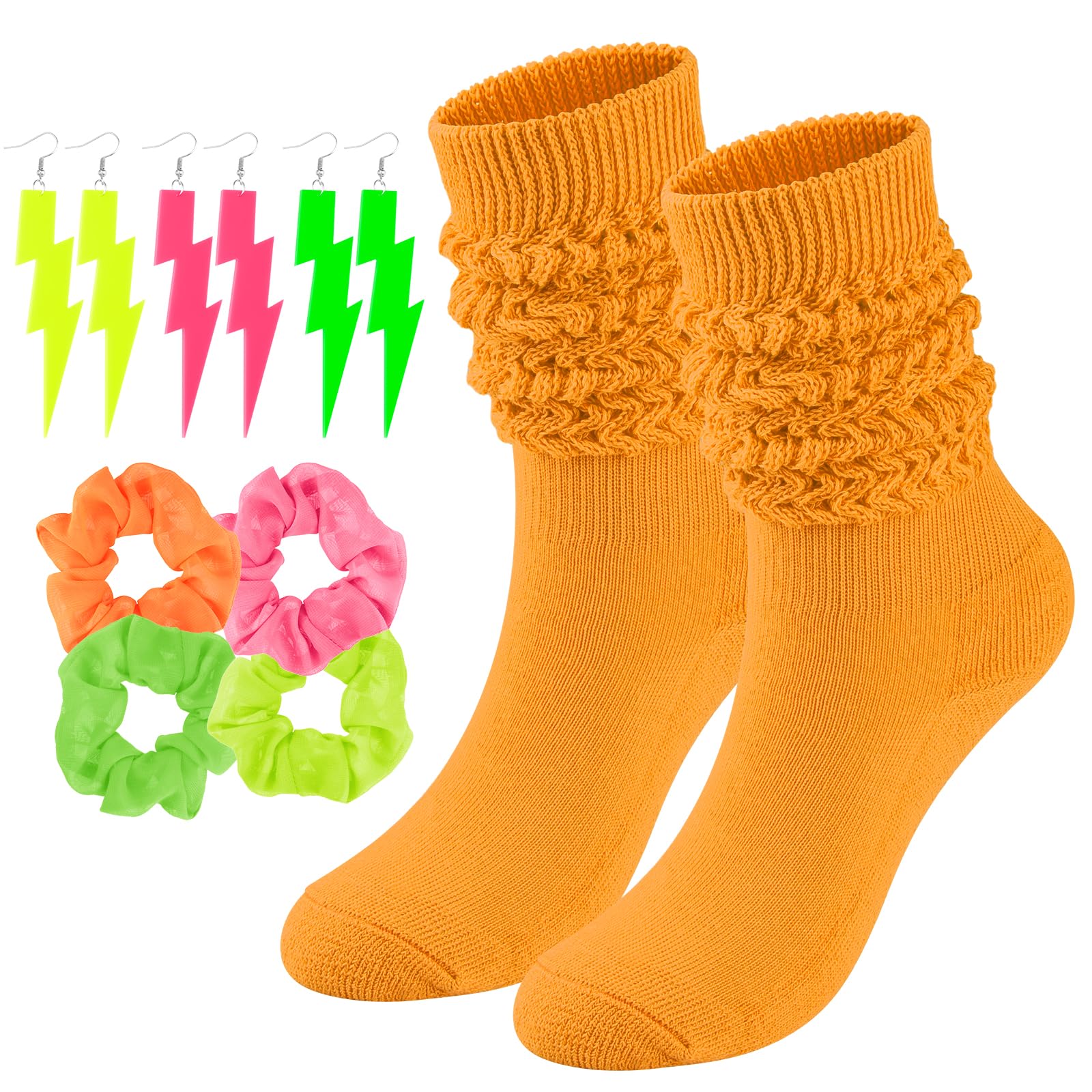 Neon Slouch Socks for Women, 80s 90s Scrunch Knee High Socks