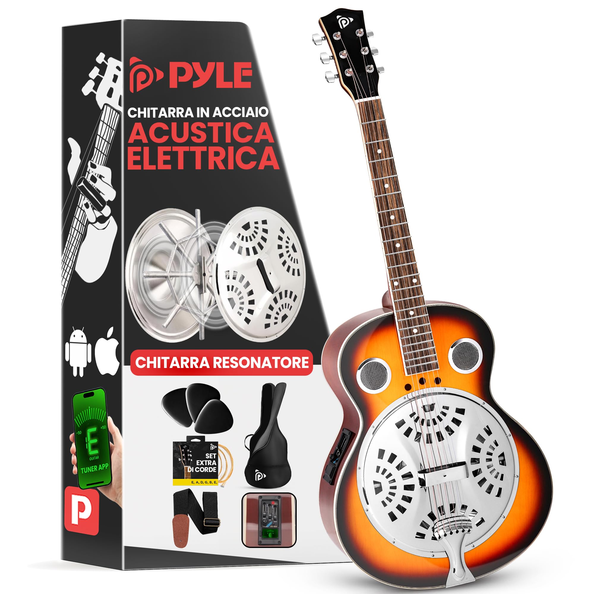 Pyle Chitarra Elettrica Acustica con Risonatore Resofonico, Risonatore Tradizionale in Mogano Sunburst a 6 Corde con Manico Rotondo con Preamplificatore Incorporato, Custodia, Tracolla, Accordatore