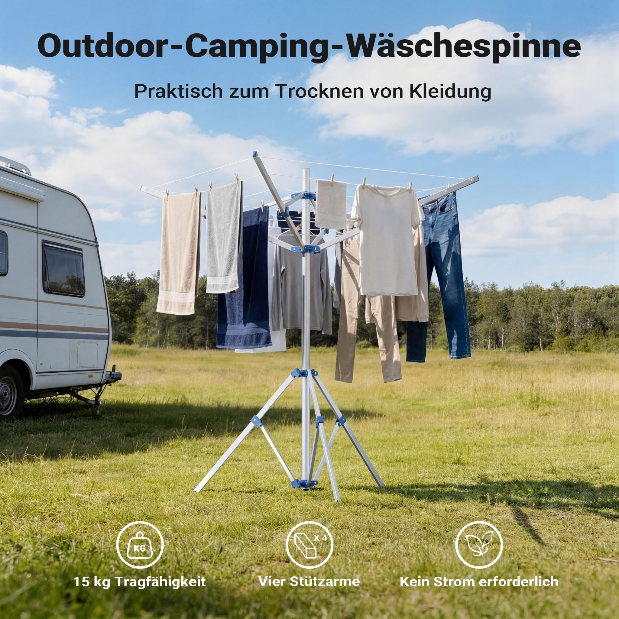Wiltec Mobile Wäschespinne mit 4 Armen 16 m Wäscheleine Wäscheständer Alu Höhe 155cm Wohnwagen Camping Klappbar Wohnmobil Reise