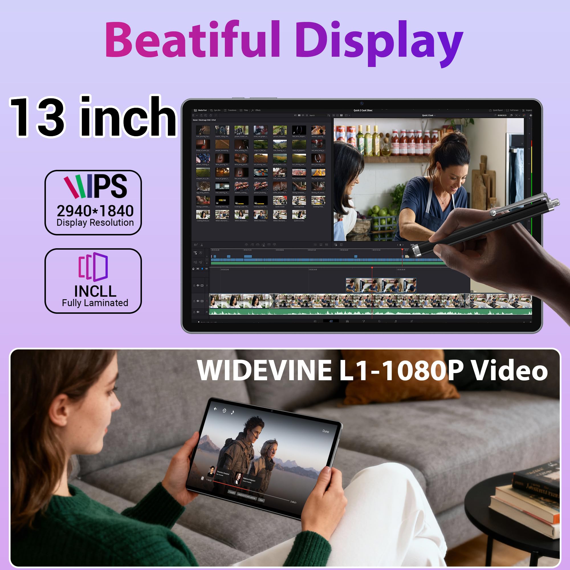 3K Tablette 13 Pouces avec Android 15, 36GB RAM, 512GB ROM (Extension 2TB), 4G Lte丨5G WiFi, 2940*1840UHD, 11580mAh, G99 2.2GHz, 13MP+8MP, Tablette Tactile avec Clavier丨GPS丨4 conférencier(Gris)