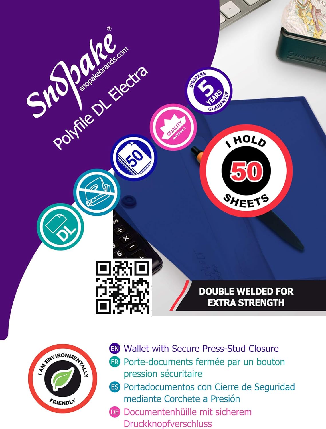 Snopake DL Polyfile Popper Wallet with Press Stud Closure – Electra Assorted [Pack of 5] Ref: 10035