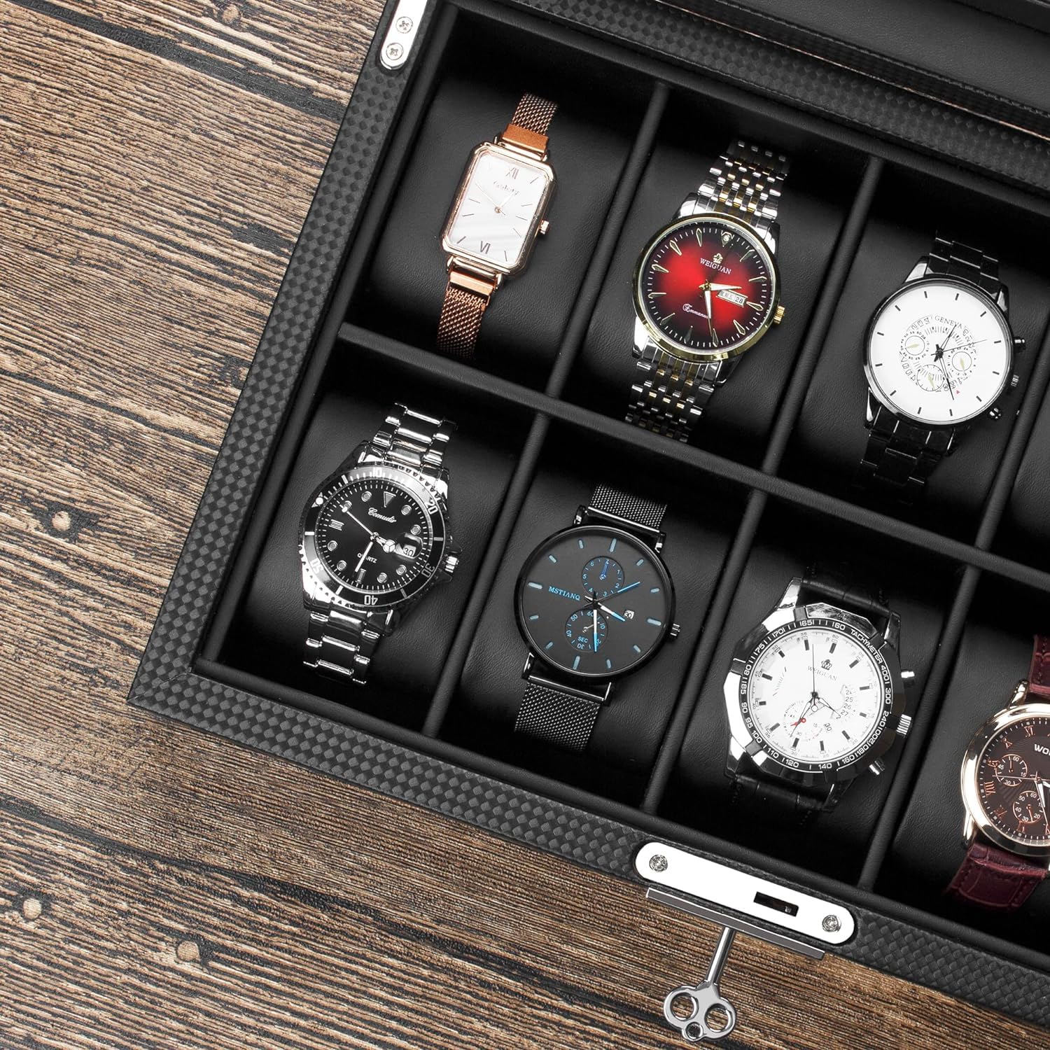 BDJ108BLACK Boîte à montres 10 compartiments de rangement en cuir synthétique avec verre et serrure pour montre homme et femme Noir