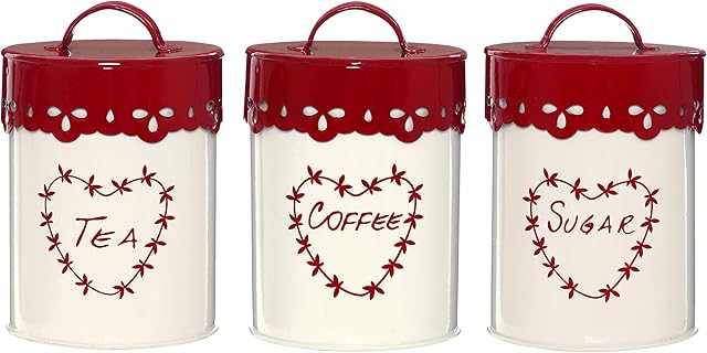 Premier Housewares 507620 Anglaise Tea/Coffee and Sugar Canisters - Set of 3, Cream/Red H14 x W11 x D11cm