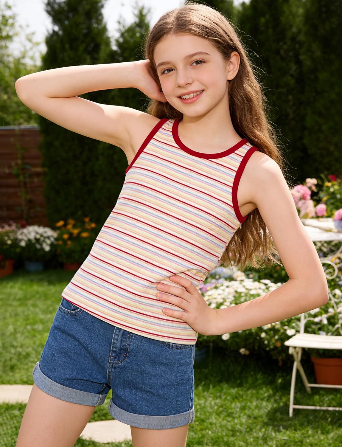 Happy Cherry Girl Striped Tank Tops Sleeveless Undershirt Casual Tee Shirt