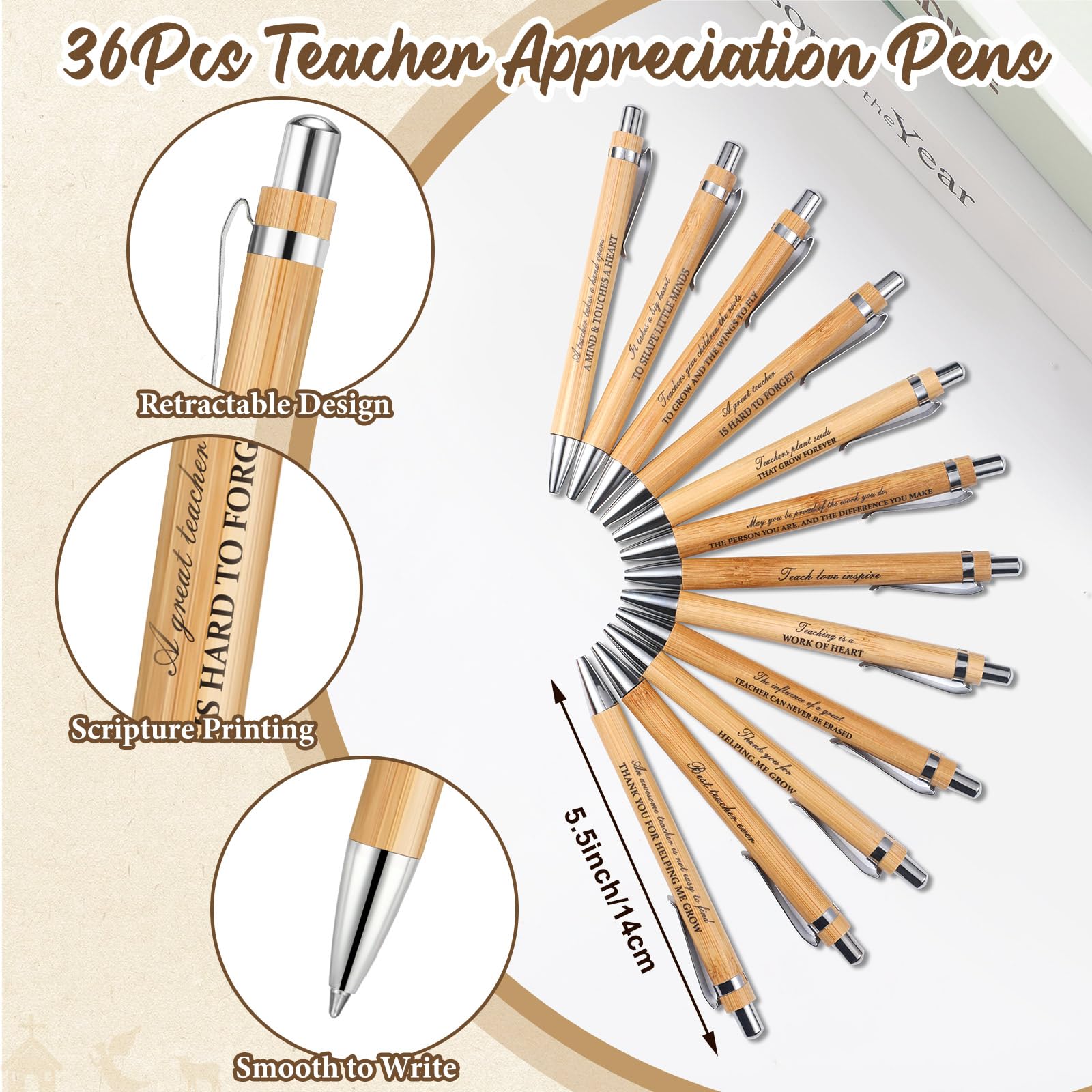 Pasimy Set regalo di apprezzamento per insegnanti, 72 pezzi, 36 quaderni a spirale ispiratori in carta kraft, 36 penne retrattili motivazionali in bambù per insegnanti, regalo di ringraziamento, festa