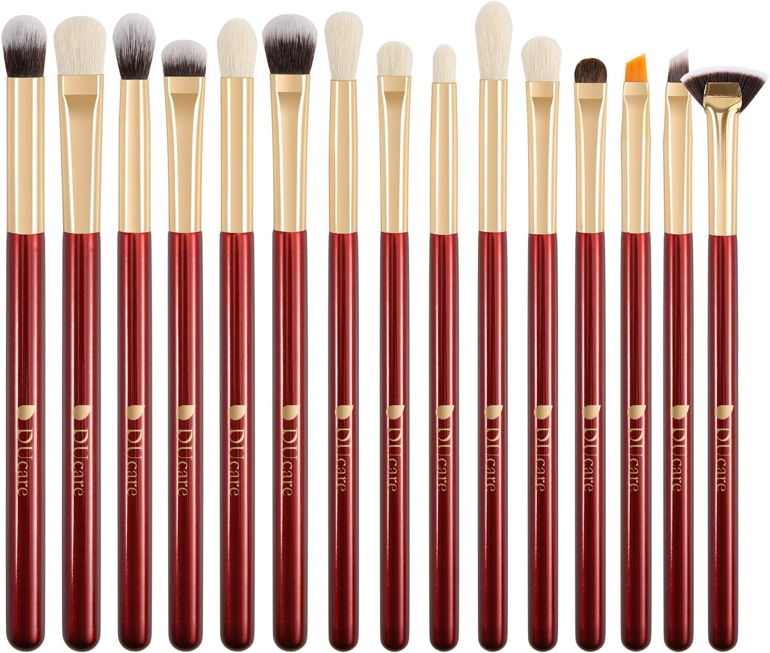 DUcareEye Makeup Brushes 15pcs Red Eyeshadow Makeup Brushes Set with Soft Synthetic Hairs & Real Wood Handle for Eyeshadow, Eyebrow, Eyeliner, Blending