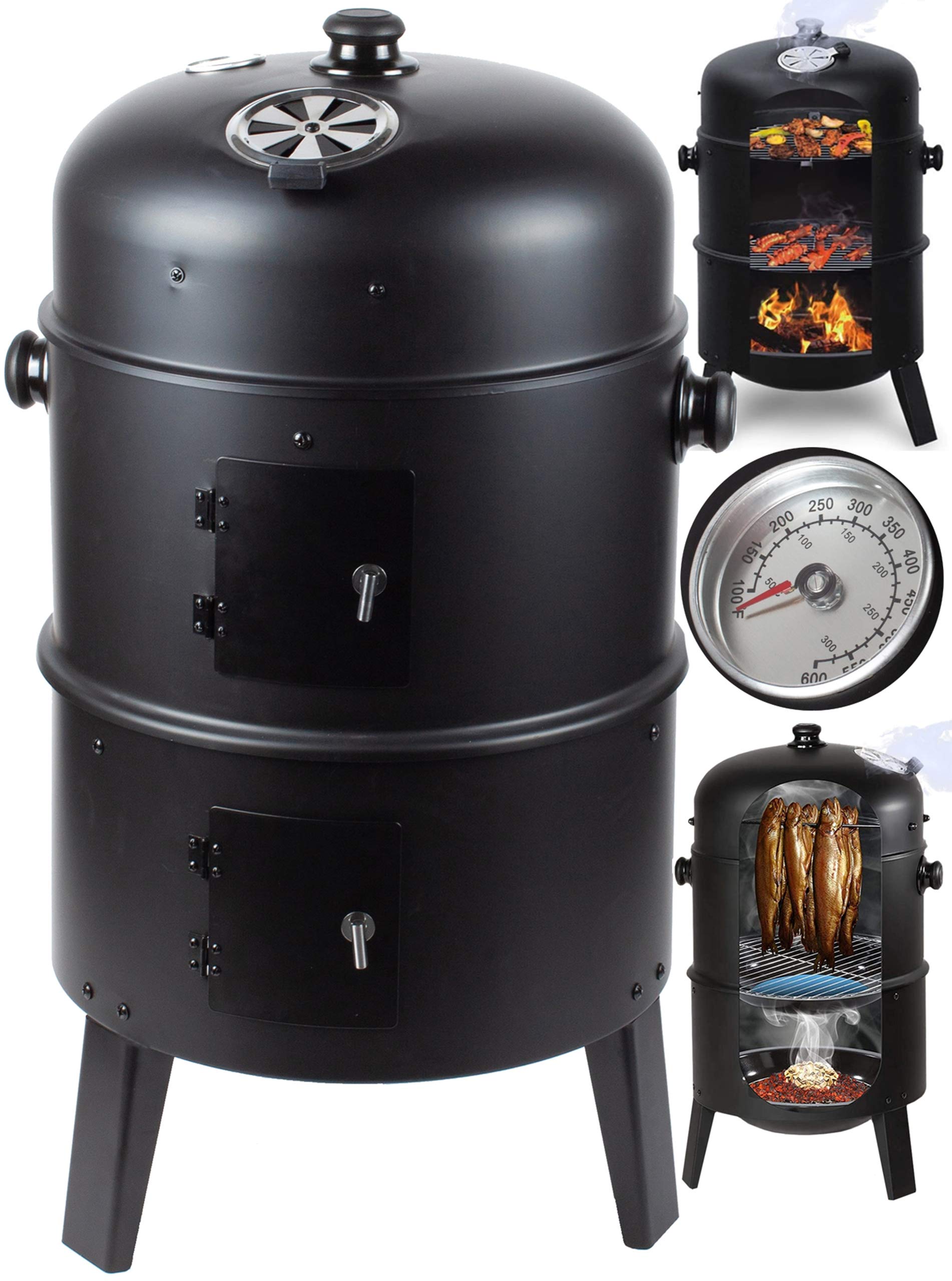 GrillMaster Grill Węglowy SmokeHouse GM8000 + Wędzarnia + Termometr, Ogrodowy, Wędzenie, Gotowanie na Parze, Dwie Misy, Funkcja Paleniska