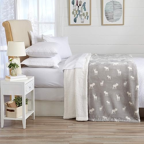 Miniatura 3 de Manta reversible de Sherpa y vellón aterciopelado. Manta para cama suave, cálida y mullida de vellón. Colección Kinsley (king, alce gris)