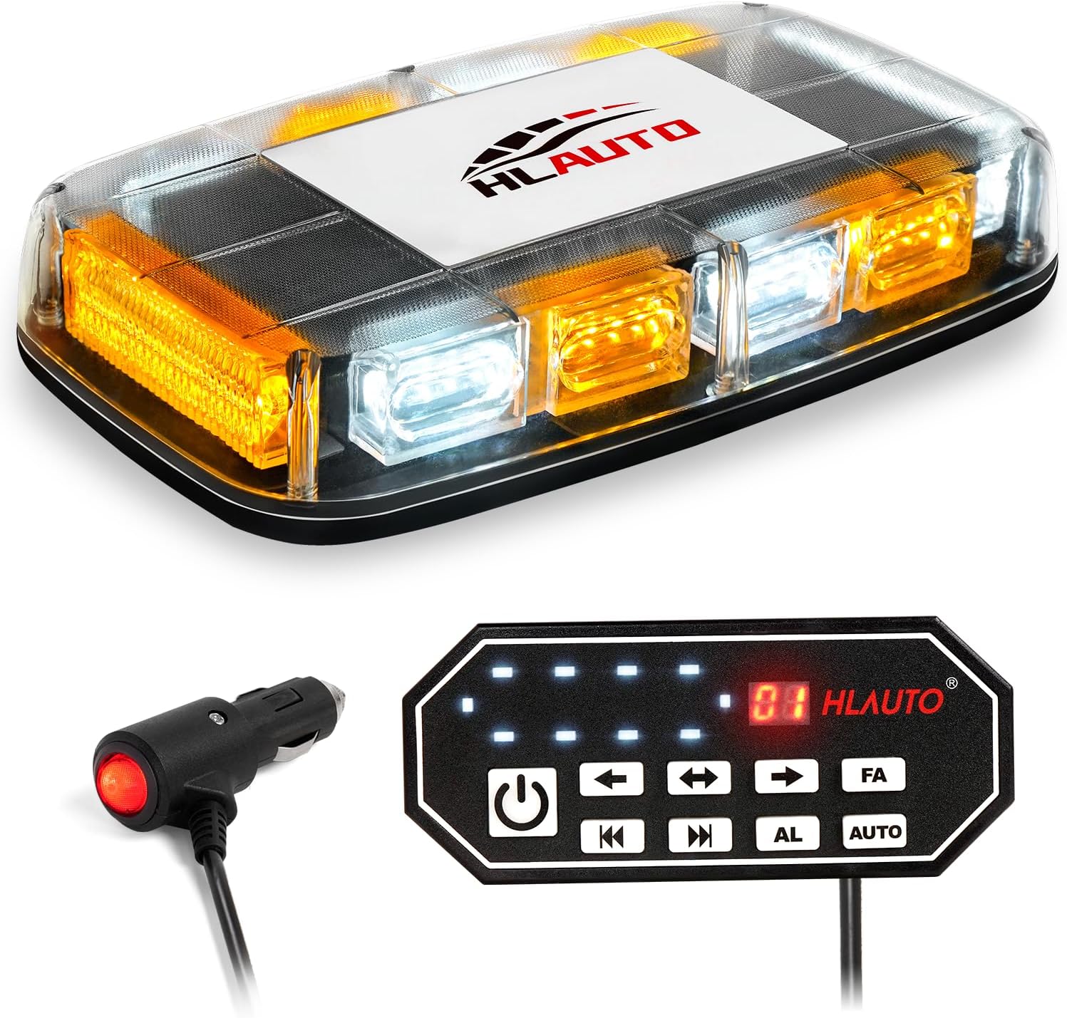 HLauto 48LED Emergency Strobe Lights w/Controller: 12" Amber White Rooftop Safety Flashing Strobe Warning Lights Bar w/Magnetic Base for Trucks, Construction Vehicles, Snow Plow, Cars