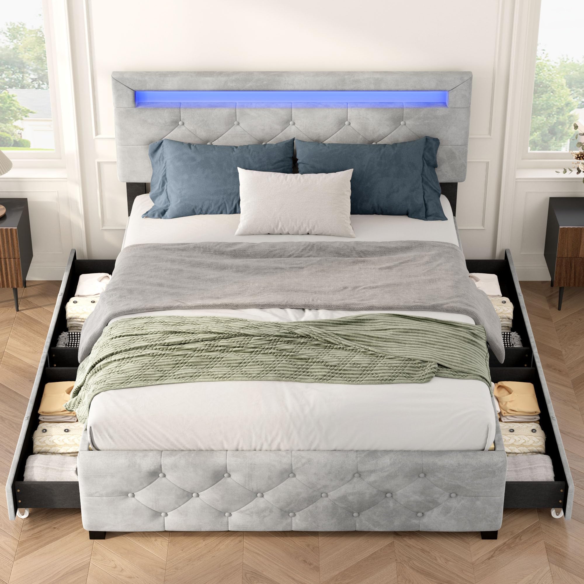 extrasleep Queen Size Upholstered Bed Frame with 4 Drawers and LED Lights, Modern Platform Storage Bed with Adjustable Headboard, Velvet Fabric and Metal Frame, No Box Spring Needed (Grey)