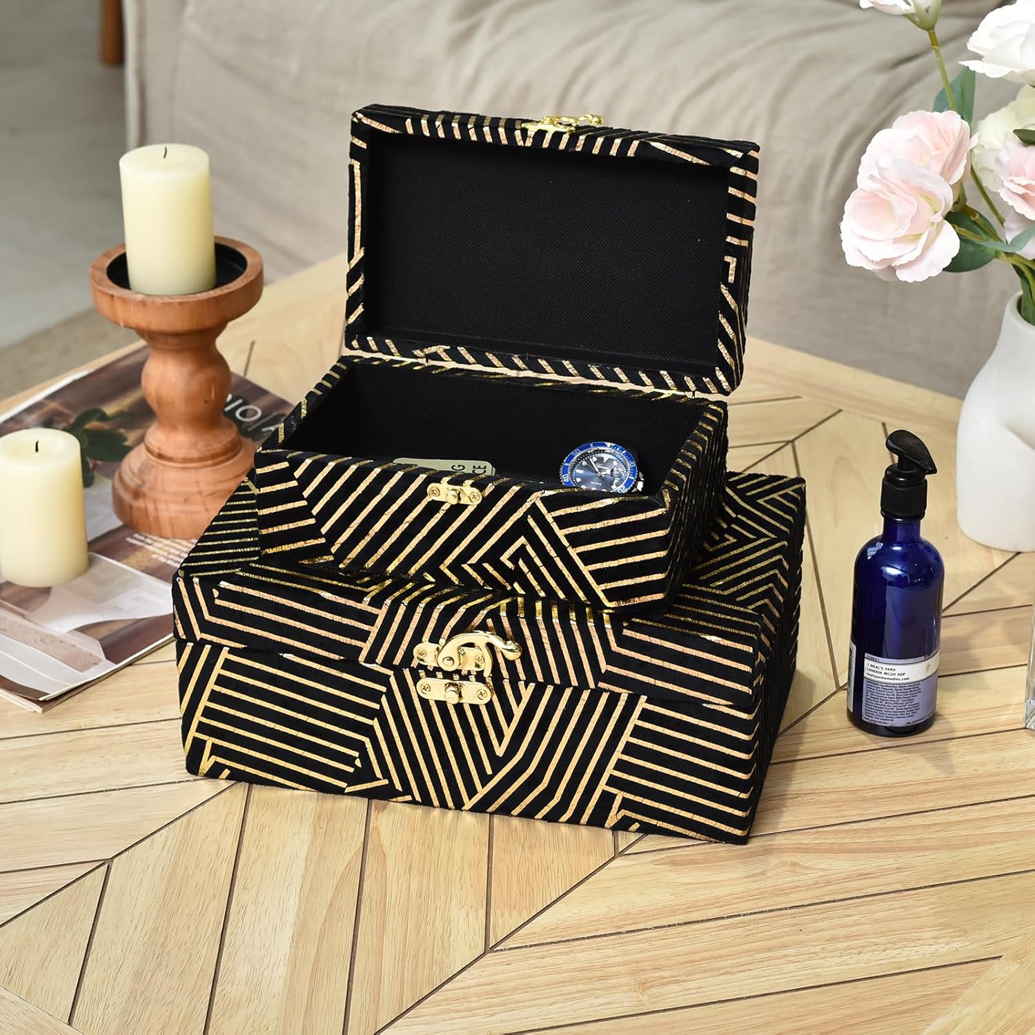 Velvet Decorative Boxes Storage Accessory Organizer with Gold Stripe Set of 2, Black