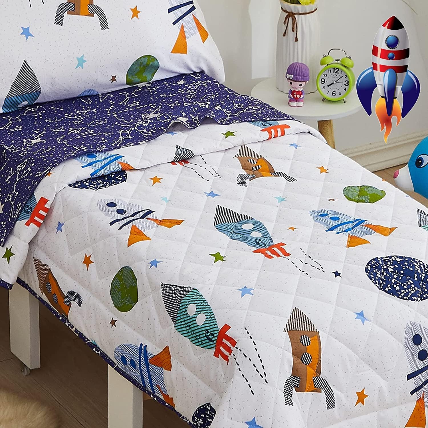 Brandream Kids Bedding Set Twin Size Space Boy Girl Cotton Comforter Set Space Rocket Galaxy Bedroom 3-Piece