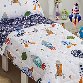 Brandream Kids Bedding Set Twin Size Space Boy Girl Cotton Comforter Set Space Rocket Galaxy Bedroom 3-Piece