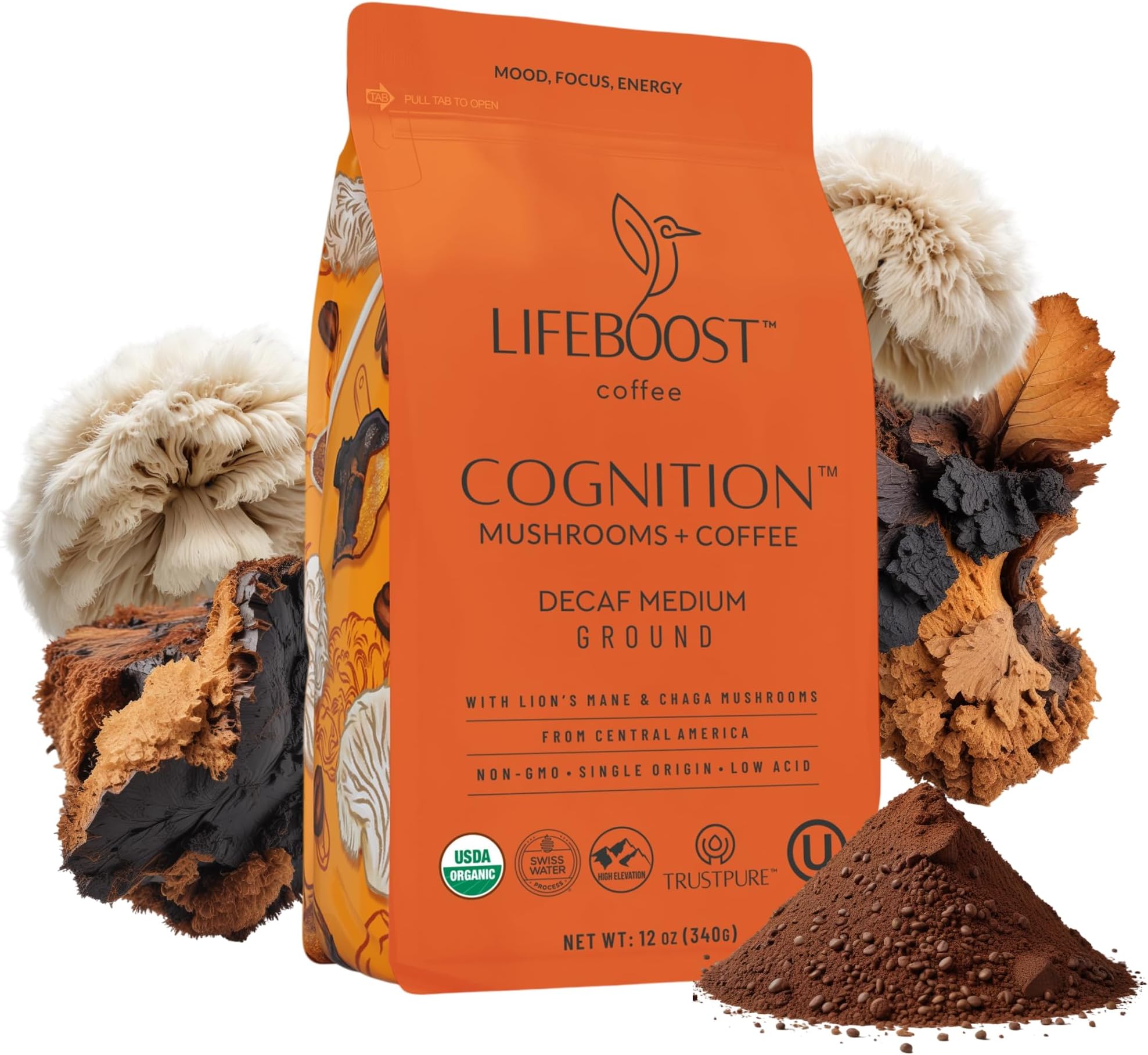 Lifeboost Cognition Adaptogenic Decaf Mushroom Coffee - Low Acid Decaf Medium Organic Coffee with Nootropic Lions Mane & Chaga Mushrooms - Increase Energy, Boost Focus & Immune Support - 12 oz Bag