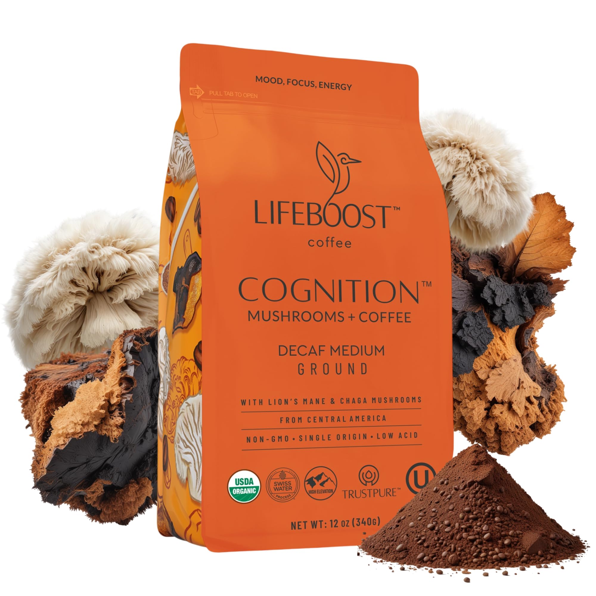 LIFEBOOSTCognition Decaf Mushroom Coffee - Low Acid Decaf Medium Organic Coffee with Lions Mane & Chaga Mushrooms - Increase Energy, Boost Focus & Immune Support - 12 oz Bag - GroundUSDA Organic
