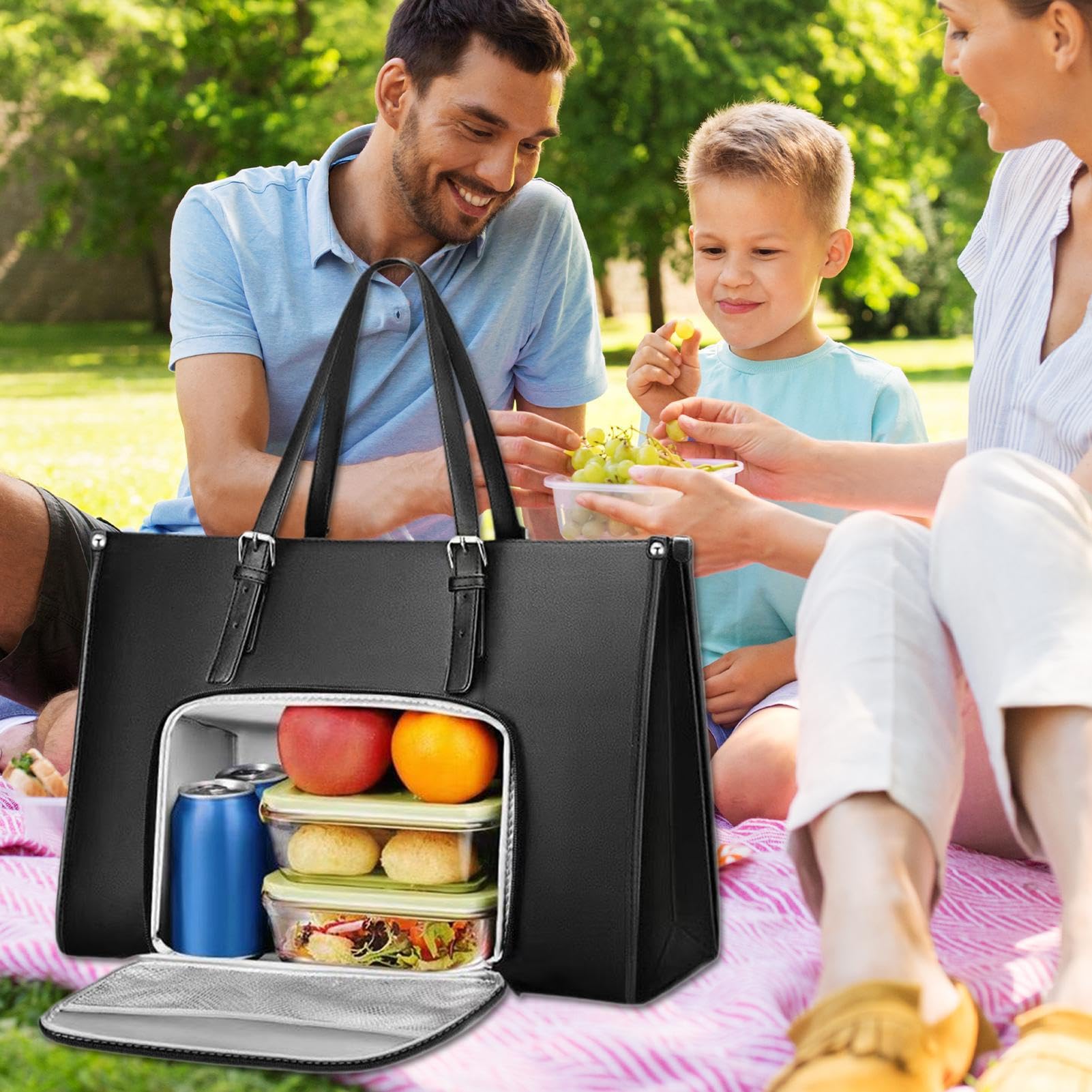 Mziart Borsa Termica Pranzo In Pelle PU Nera Con Tasca Frontale – Isotermica Per Lavoro, Picnic E Viaggi, 25x13x20 Cm, Impermeabile - 5