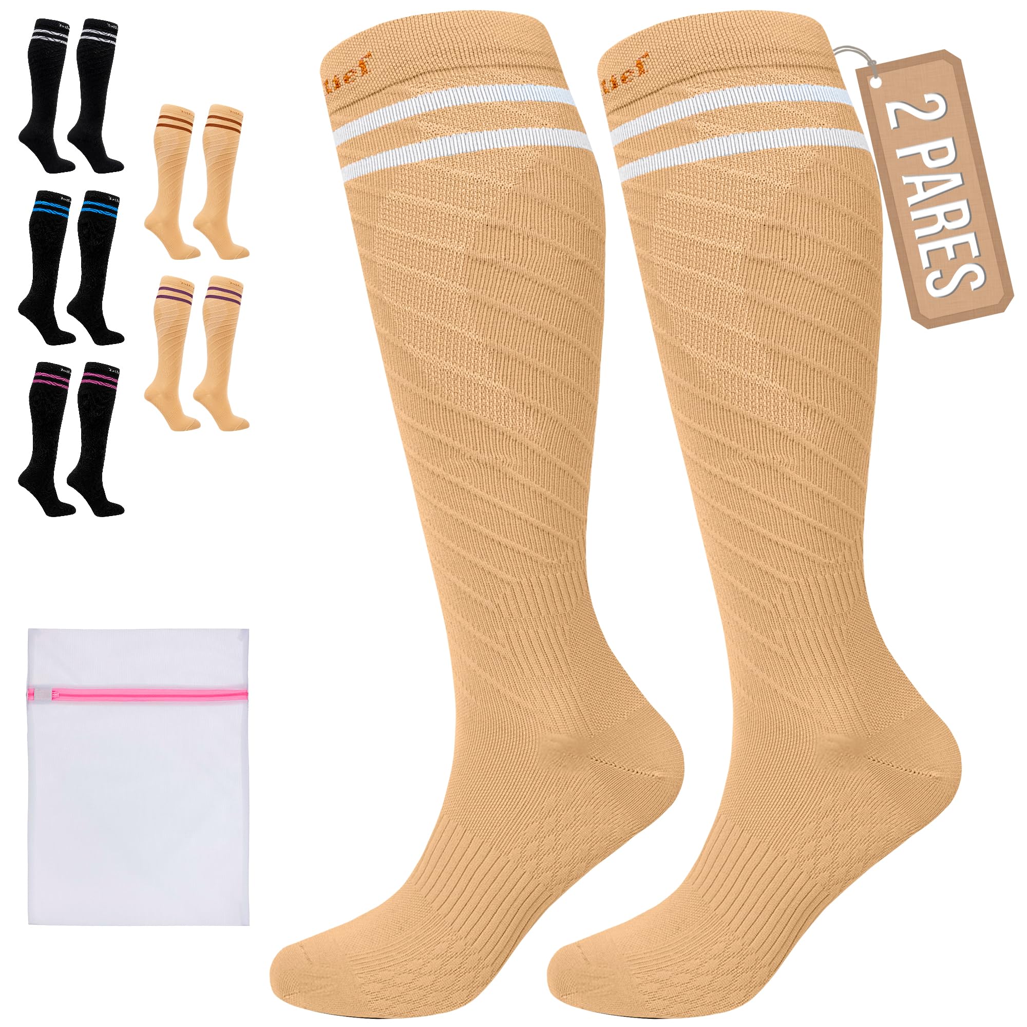 360 Relief Medias de Compresión Mujer y Hombre - 1 Par Calcetines de Compresión para Deportes, Correr, Volar, Viaje, Trabajo, Footing - S/M Beis con Bolsa de Malla — view 53