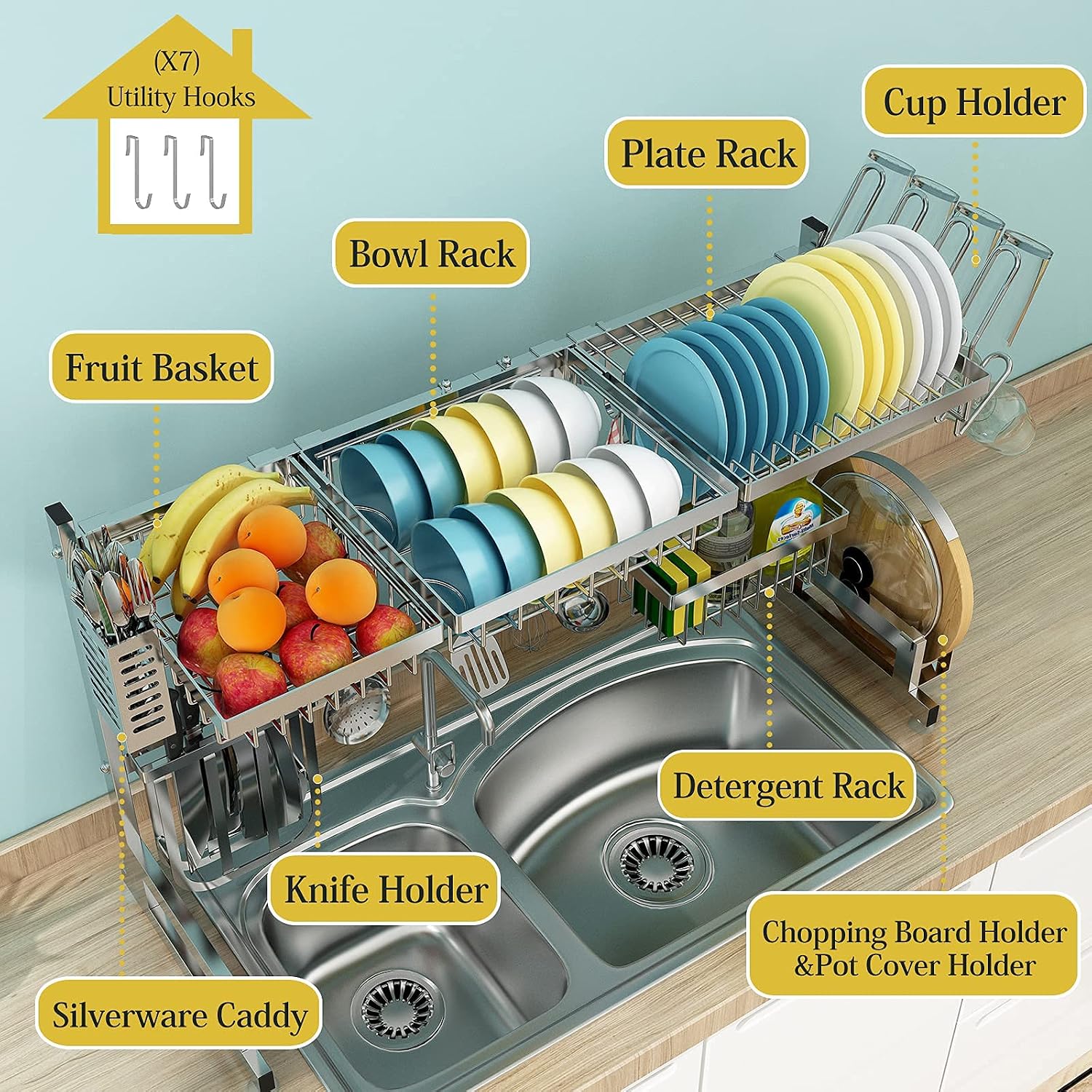 Apsan Over The Sink Dish Drying Rack, 2 Tier Adjustable Dish Rack and Drainboard Set, Large Dish Rack for Kitchen Organization, Stainless Steel, Silver