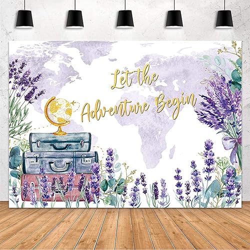 MEHOFOND Fondo de viaje de 7 x 5 pies con texto en inglés Let The Adventure Begin para baby shower, cumpleaños, graduación, fiesta de jubilación,