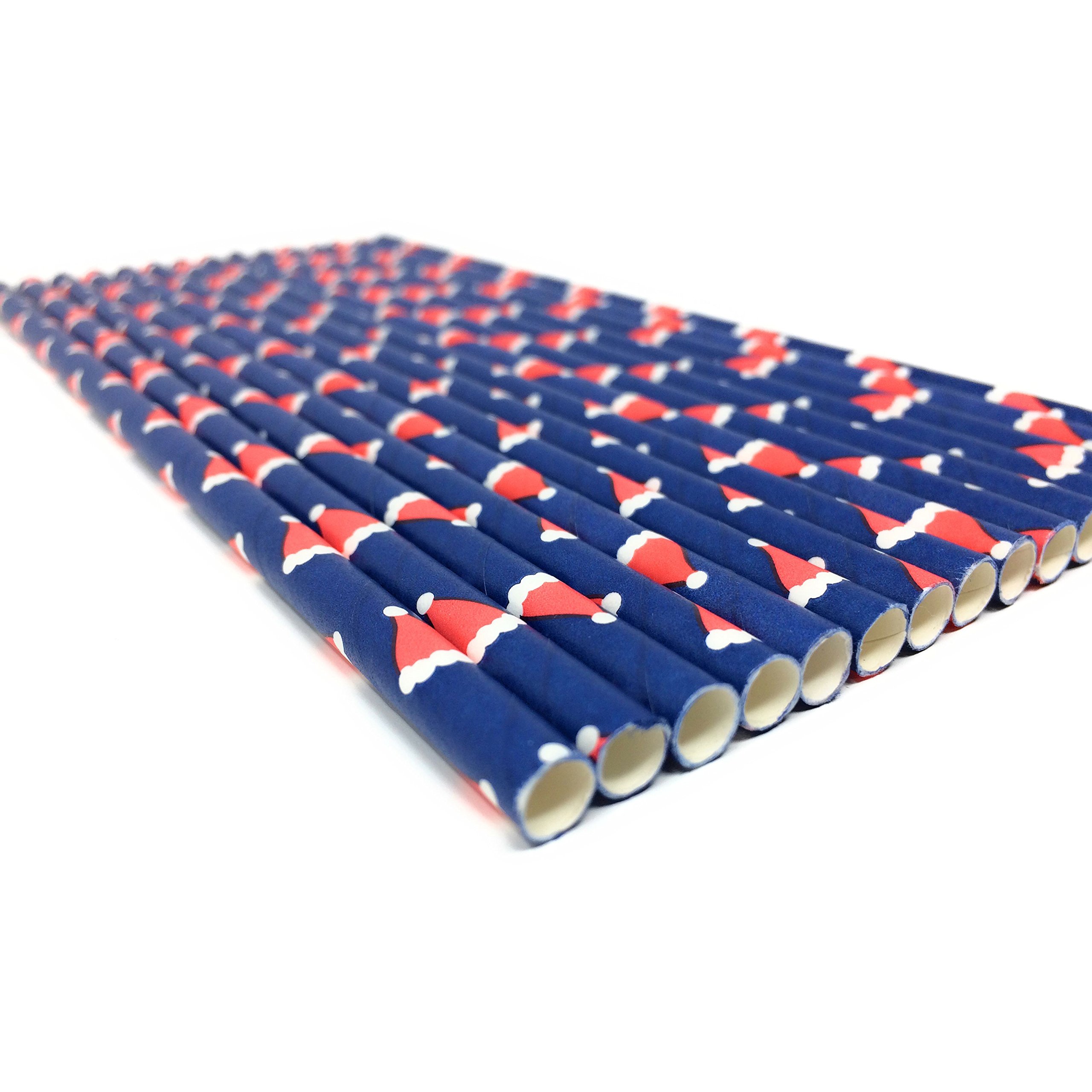 Picture Perfect Party Santa Hat Print Premium Paper Straws [Pack Of 25 Drinking Straws] By (Navy With Red Santa Hats)