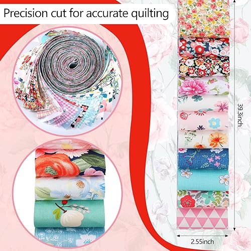 Miniatura 2 de 40 tiras de tela de algodón japonesa enrollables para acolchar, rollo de tela de 2.6 pulgadas, flores precortadas, tiras de tela de retazos para