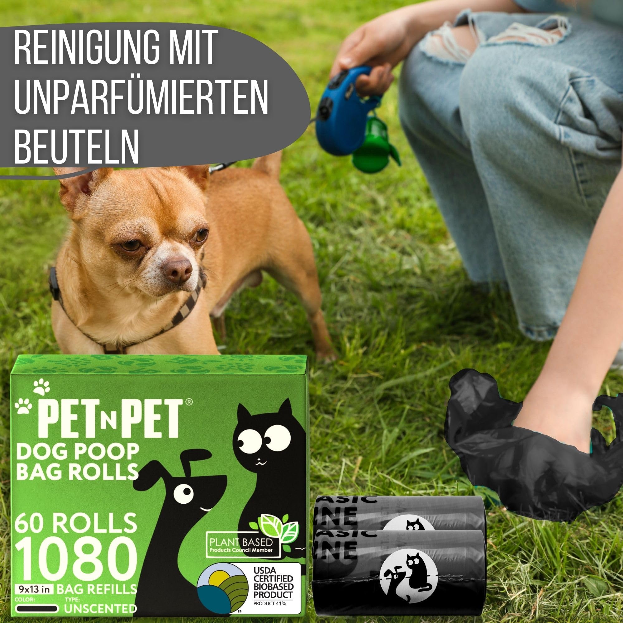 PET N PET Hundekotbeutel, 1080 Stück, 60 Rollen Kotbeutel, Schwarz | Extra dick & reißfest, 41% pflanzenbasiert, Geruchlos, Auslaufsicher, kotbeutel für hunde & Katzenstreubeutel