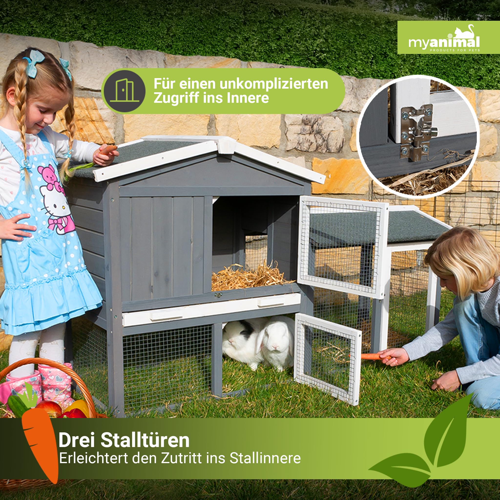 Miweba MyAnimal Hasenstall MH-03 | Kaninchenstall mit Freilaufgehege - Hasenkäfig - Kleintierkäfig - Holz imprägniert - Kaninchenkäfig Winterfest - Kleintiergehege - Käfig - Hasenhaus (Grau/Weiß)