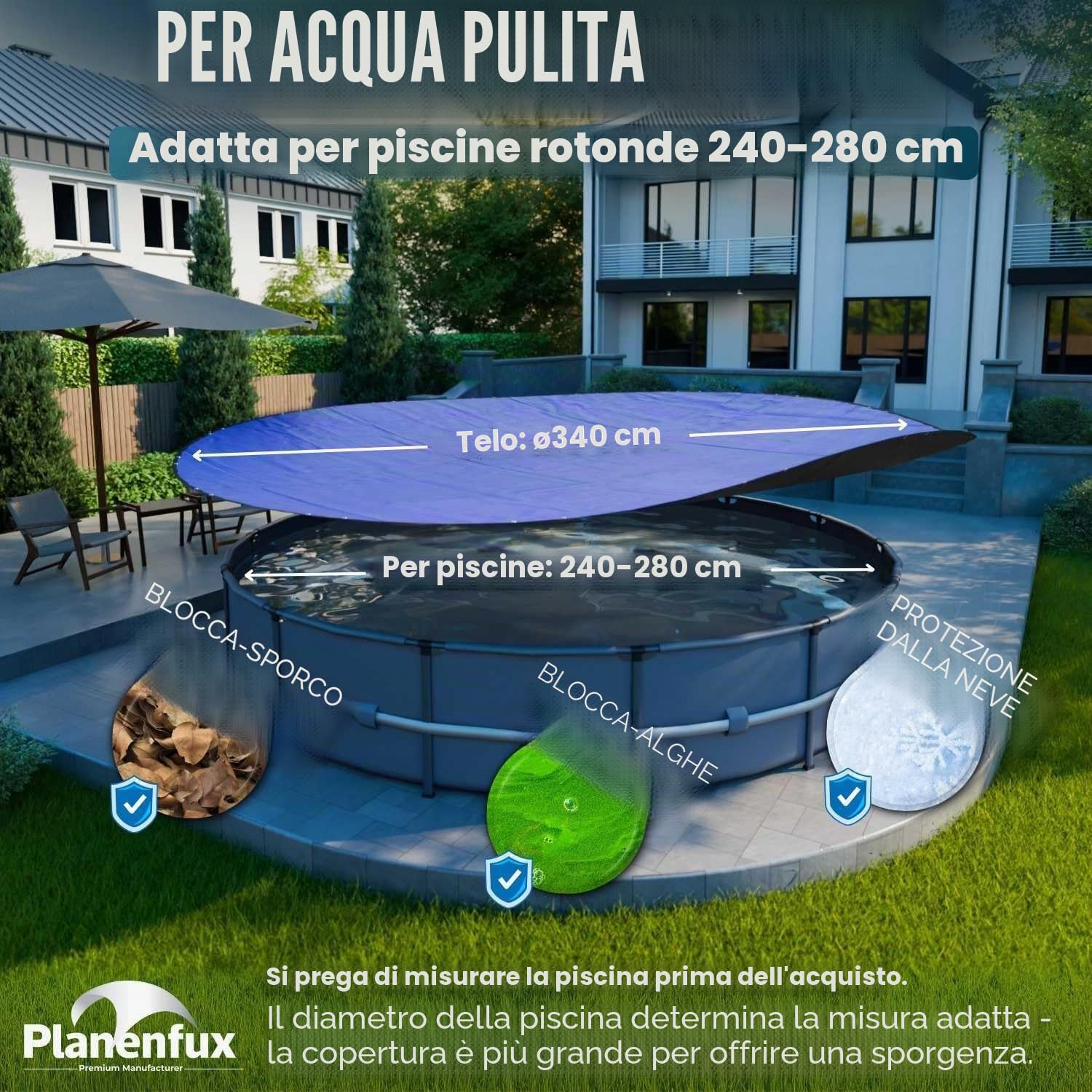 Planenfux Copertura per piscina rotonda, 244 cm (per vasca Ø 240 – 280 cm) | Telo di copertura per piscina 2 in 1 in materiale PE da 200 g/m² | Telo solare per piscina per estate e inverno, Ø 340 cm
