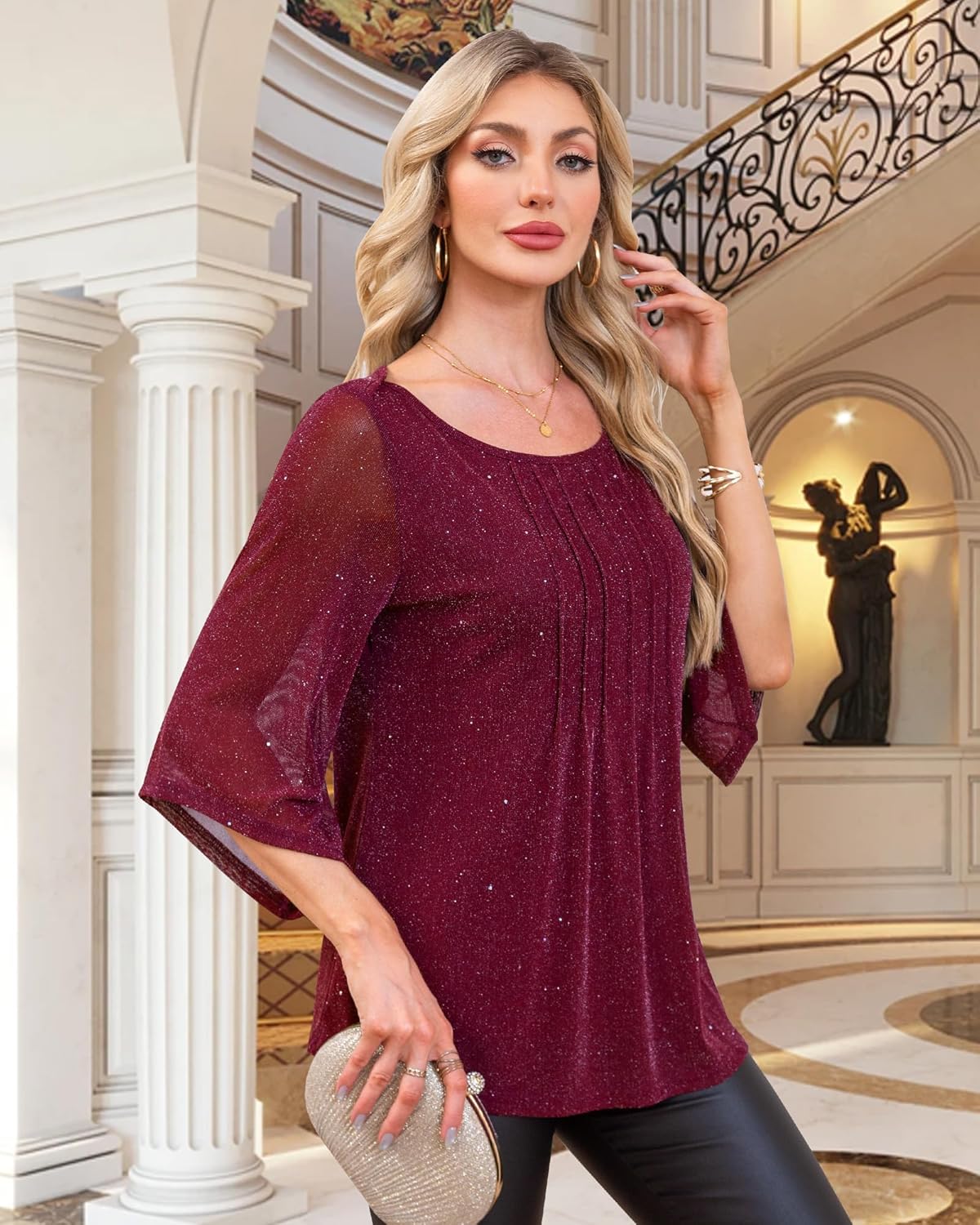 Youtalia Dressy Tops for Women Formal Elegant Blouses 3/4 Sleeve Sparkly Cocktail Party Evening Shirts - Image 5