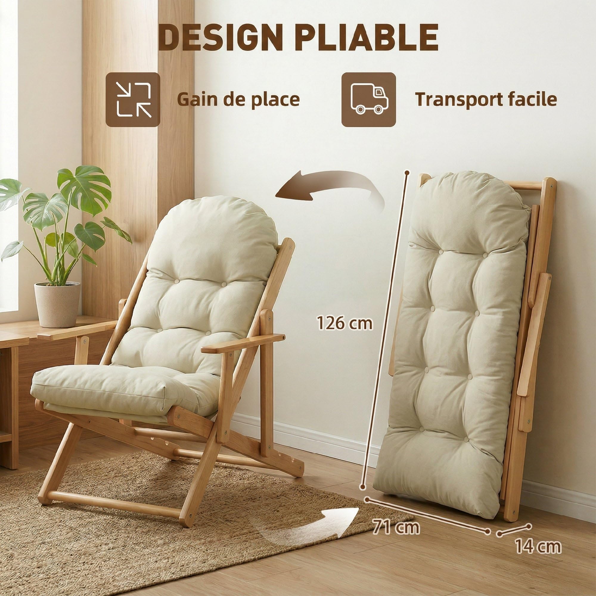 HOMCOM Fauteuil Chaise de Salon Pliable et inclinable en Bois Fauteuil Relax Confortable avec Coussin capitonné épais - 71 x 89 x 96 cm crème