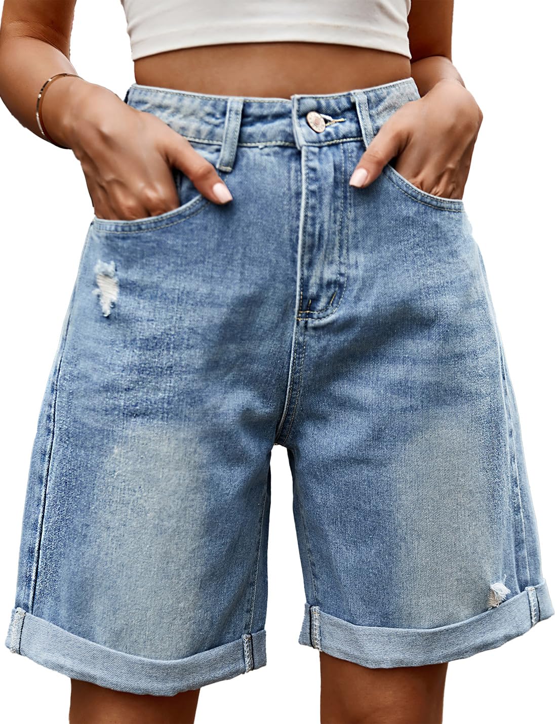 Short en jean décontracté taille haute pour femme - Style baggy déchiré - Coupe droite
