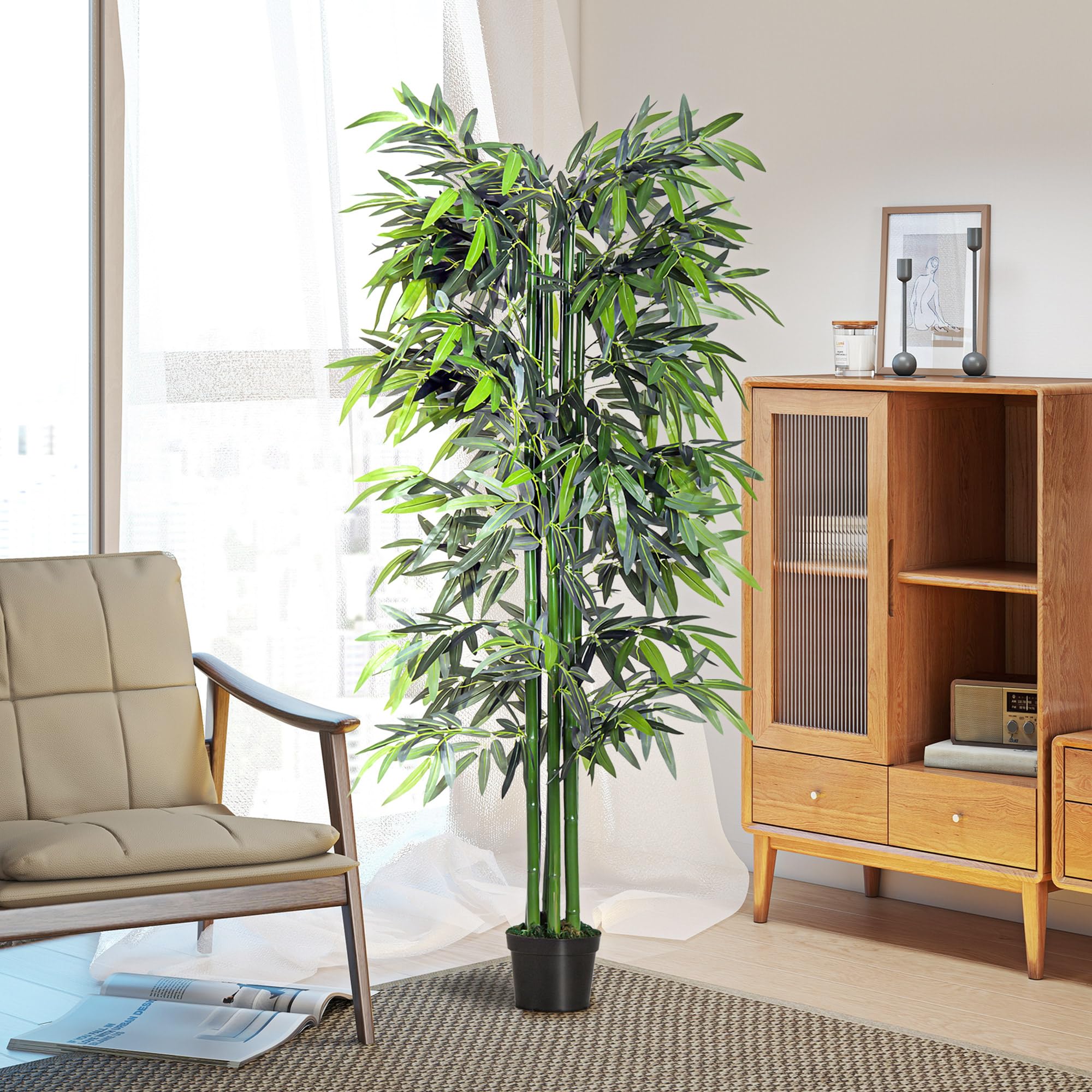 Outsunny Bambou Artificiel XXL 1,80H m Arbre Artificiel Feuilles denses réalistes Pot Inclus Noir Vert