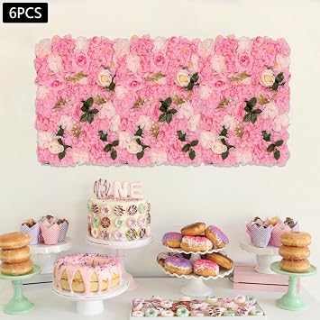 Flower Wall Panel Backdrop Decor, 6 Pcs 24 x 16 Inch Dark Pink Artificial Floral Background, 3D Silk Fake Rose Wall Decoration for Wedding Party Baby Bridal Shower DIY Centerpieces