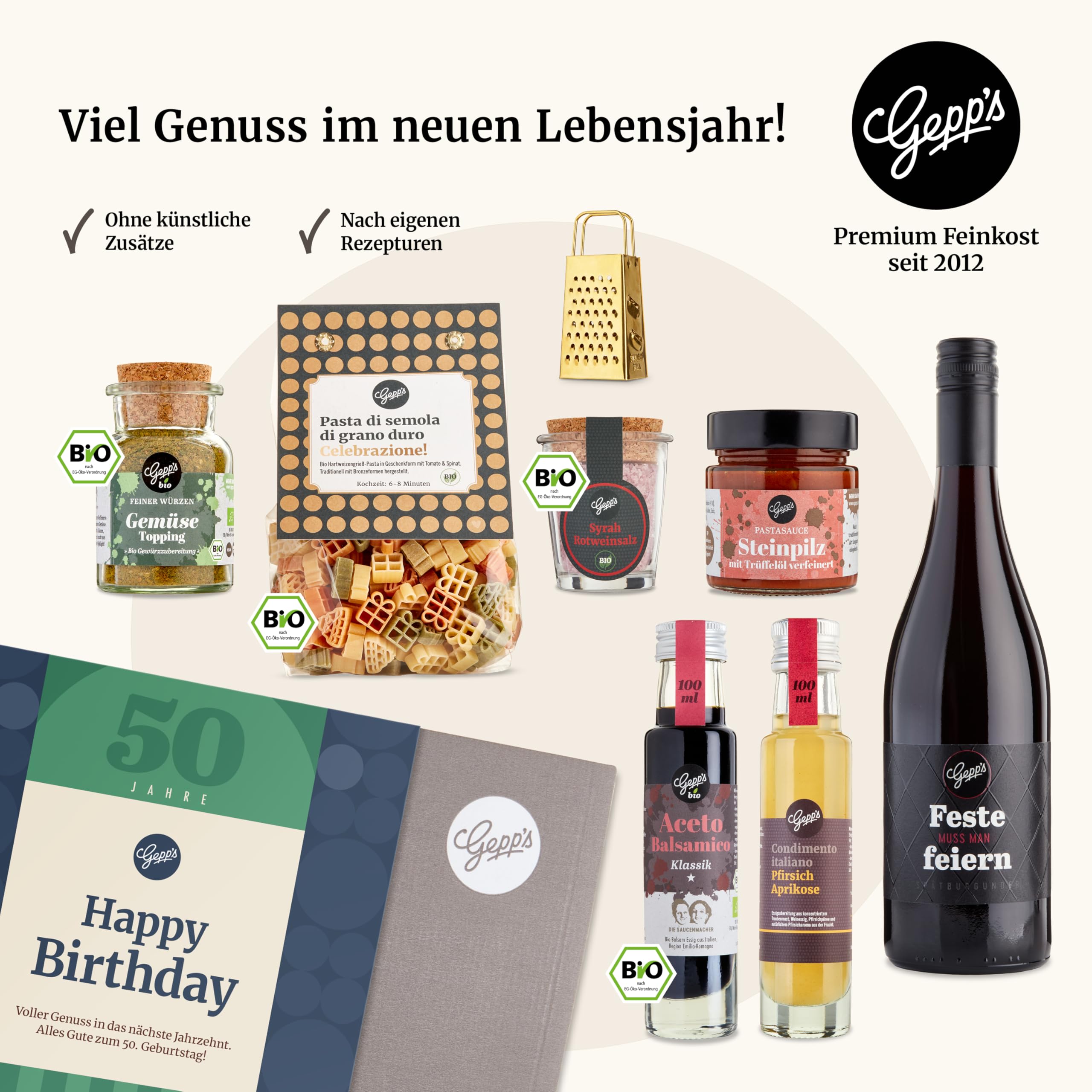 Gepp’s Feinkost Gourmet Geschenkset 60. Geburtstag Wein Gewürze Essig Pasta Parmesanreibe Geschenkkorb
