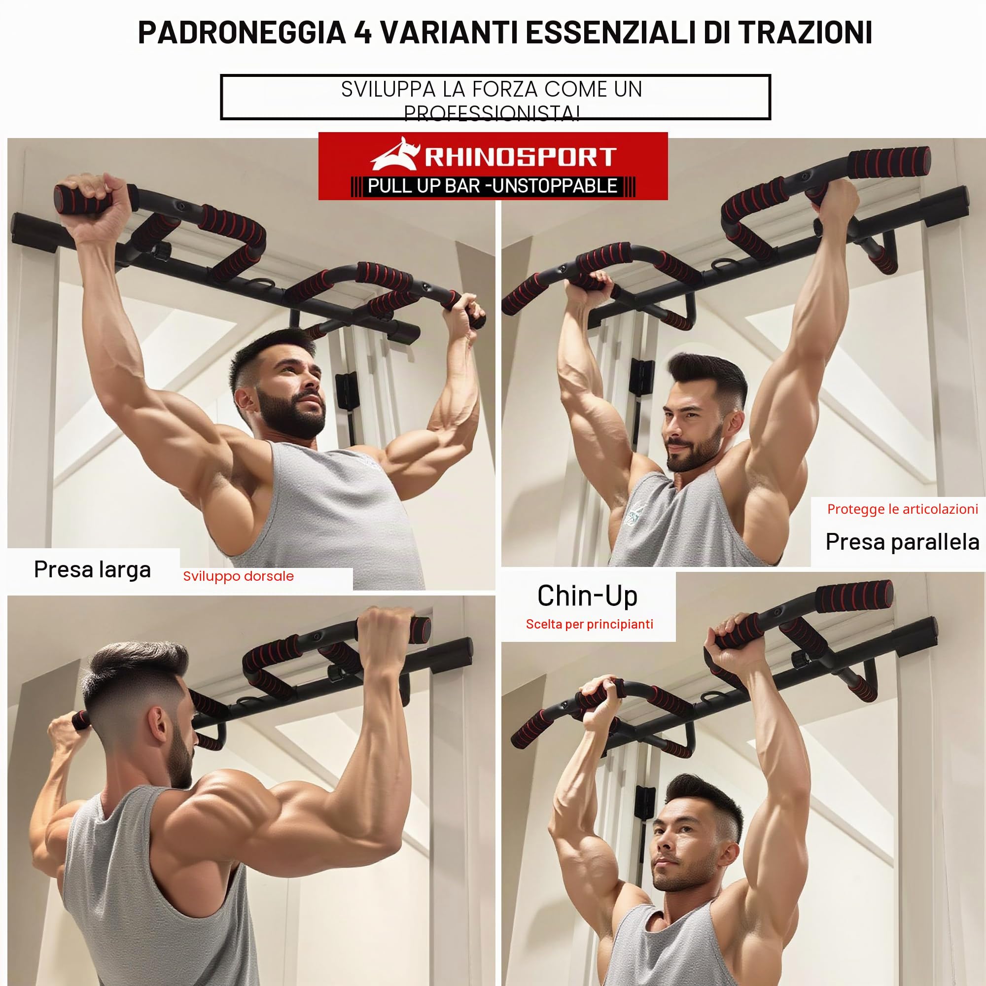 Rhinosport Barra per trazioni Multifunzione Sbarra Trazioni, Barra per Porte, Regolabile da 65 cm a 92 cm senza viti （Extra gratuito maniglie ）