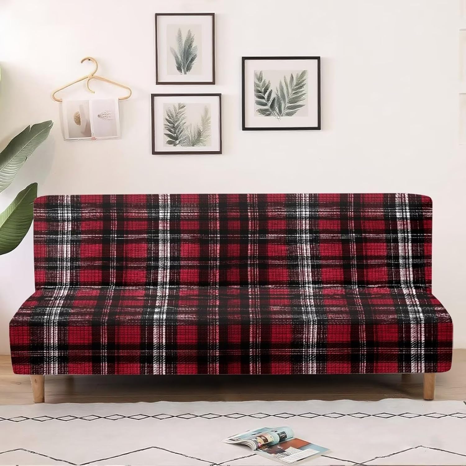 Xoenoiee Futon Cover Armless Sofa Covers Sofa Bed Covers Stretch Futon Couch Cover Sofa Slipcover Washable Furniture Protector, Tartan-Style Plaid Red